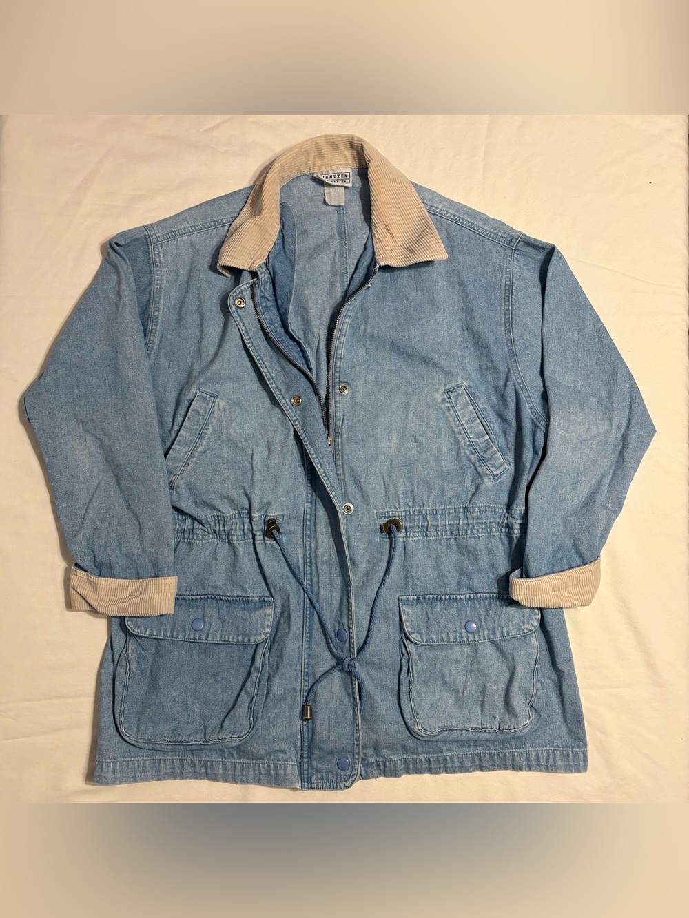 Vintage 90’s Jantzen Petite Denim Utility Jacket Barn Coat Blue Corduroy Collar